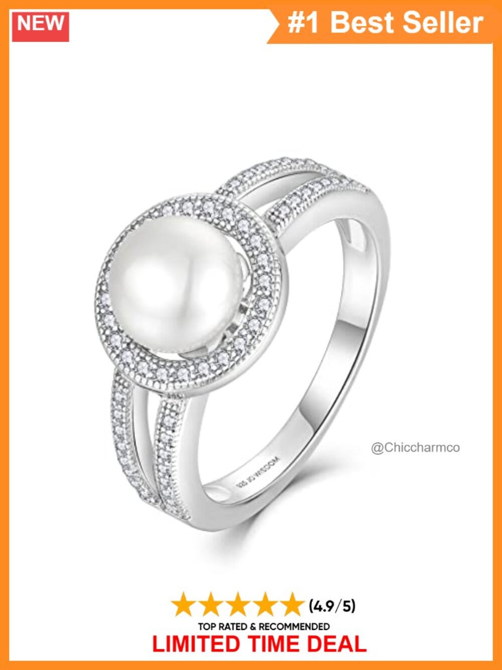 Sterling Silver Pearl Ring 8mm Freshwater Cultured Halo